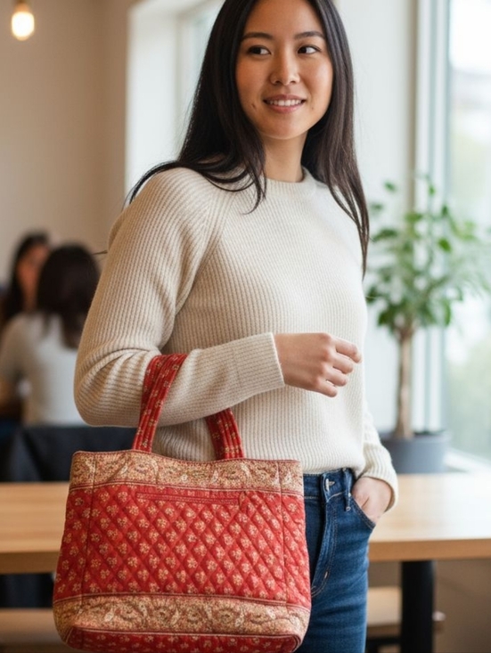 Maggi B Quilted Tote Bag Boho Floral Paisley Red Gold Shoulder Bag Pattern 💵 - Picture 6 of 6